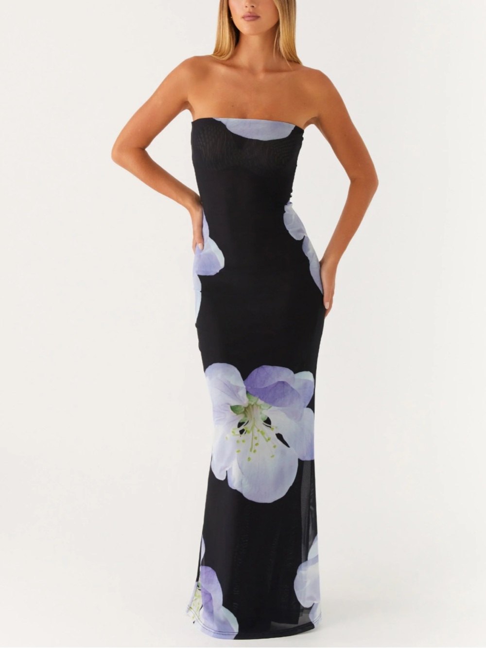 Peppermayo Black Strapless Maxi Dress with Lavender Floral Print